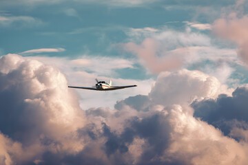 a small plane flying through a cloudy sky