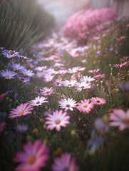 A Vibrant Pathway of Multicolored Flowers in Bloom with Soft Lighting Creating a Magical and Serene Atmosphere