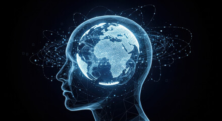 A side profile of a human head silhouette filled with a glowing blue globe, set against a dark background, representing the digital mind.