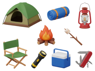 3D Camping Clipart: Tent, Campfire, and Gear Set for Outdoor Adventures