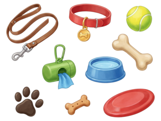 Cute Watercolor Dog Accessories Collection Isolated on White