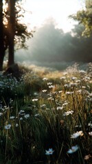 A Tranquil Meadow with Blooming Wildflowers Under Soft Morning Light Surrounded by Lush Greenery and Gentle Mist!