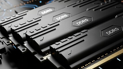 Close-up image showcasing multiple ddr5 memory modules arranged side by side on a circuit board with detailed heat spreader design