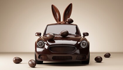 Chocolate car with chocolate easter bunny ears and easter chocolate eggs on cream color backgroud.