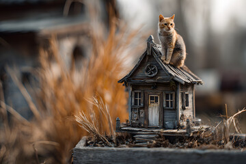 a cat sitting on top of a small house