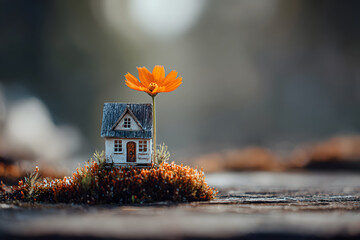 a tiny house with a flower growing out of it