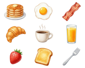 Delicious Breakfast Watercolor Illustration: Pancakes, Egg, Bacon, Croissant, and Coffee