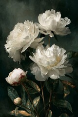 A Beautiful Arrangement of White Peonies on a Dark Background Showcasing Their Soft Petals and Lush Green Leaves in Full Bloom