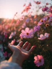 A Hand Reaches Out to Vibrant Cosmos Flowers in a Soft Glow of Sunset, Capturing the Beauty of Nature's Colorful Blooms.