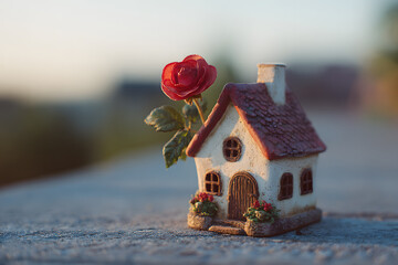 a small house with a rose in the front