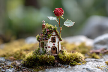 a small house with a rose growing out of it