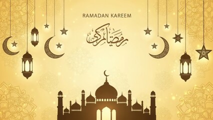Ramadan kareem celebration with mosque and lanterns