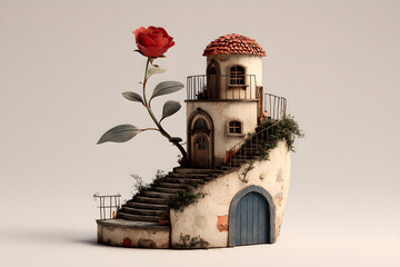 a small house with a rose on top of it