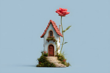 a small house with a rose growing out of it
