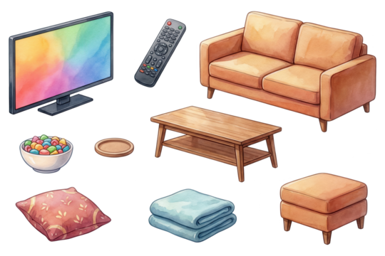 Cozy Living Room Watercolor Illustration: Sofa, TV, and Home Decor Elements - Powered by Adobe