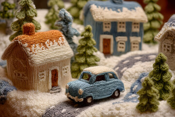 a knitted toy car is parked in front of a house