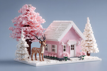 a pink house with a deer and a tree