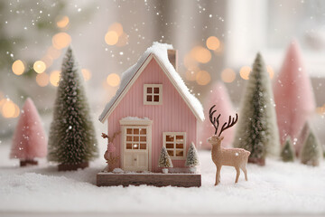 a small pink house with a deer and trees