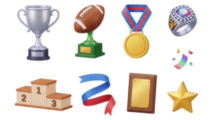 Achievement and Awards Illustration Set: Trophy, Medal, and Podium