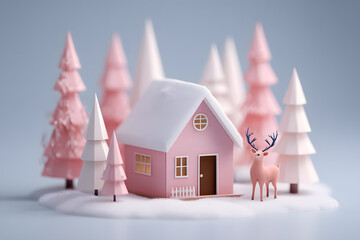 a small pink house with a deer in front of it
