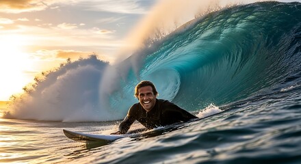 Smiling surfer in wetsuit with surfboard in ocean wave at sunset.