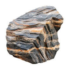 Striped geological rock specimen with layered texture isolated on white background.