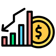Business Revenue Decline Chart with Dollar Coin Icon Illustration