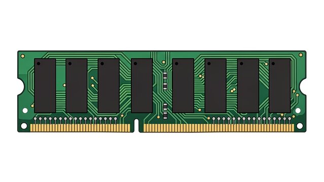 Detailed close-up of a green computer memory ram module with black integrated circuits and gold connector pins on a white background