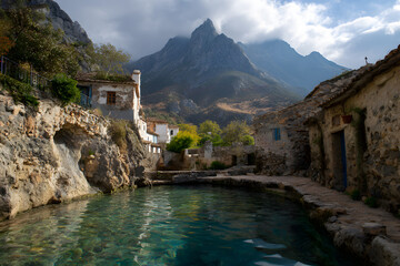 a river running through a small village next to a mountain