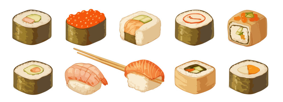 Colecci&oacute;n isom&eacute;trica de iconos de sushi variado con palillos, perfecto para dise&ntilde;o transparente.