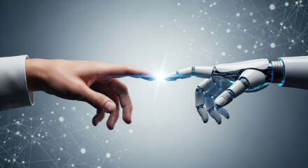 A human hand and a robot hand reach out to touch, connected by a bright light, against a geometric gray backdrop, symbolizing the fusion of humanity and technology. 