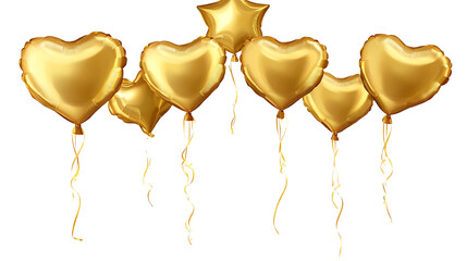 Golden heart and star balloons festive celebration decoration isolated on white background.