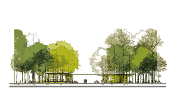 Secci&oacute;n arquitect&oacute;nica de un pabell&oacute;n moderno integrado en un denso bosque con &aacute;rboles frondosos y fondo blanco.