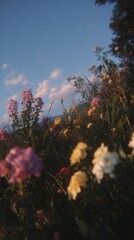 A Vibrant Blooming Landscape of Colorful Wildflowers Under a Beautiful Sky at Dusk