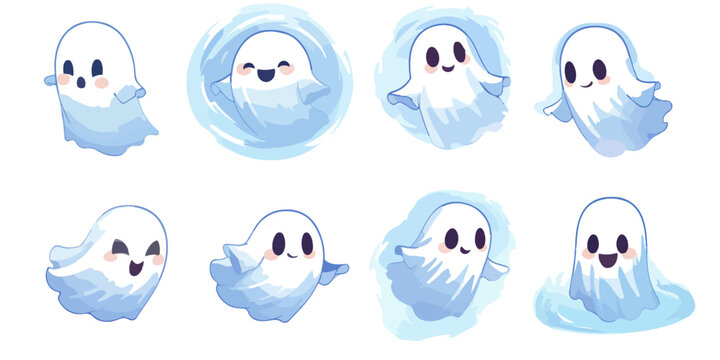 Conjunto de adorables ilustraciones de fantasmas blancos estilo acuarela con expresiones felices y fondo transparente.