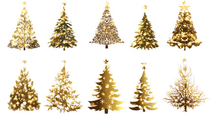 Collection of ten golden Christmas trees festive holiday decorations with glowing lights and stars isolated on white background.