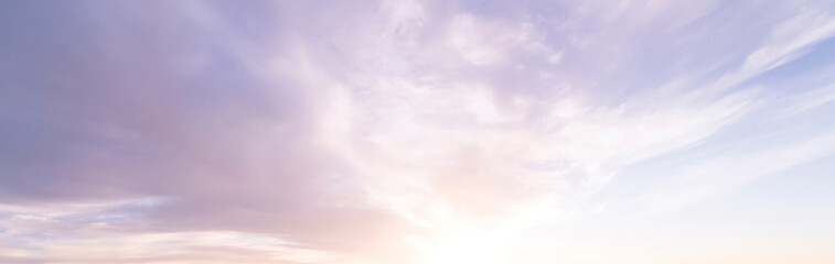 Soft pastel sunrise with feathery white and lavender clouds fanning across a pale blue sky, glowing gently above the horizon and creating a serene, graceful, and quietly hopeful atmosphere   © UzaiR