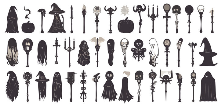 Colecci&oacute;n de siluetas negras de bastones m&aacute;gicos, fantasmas y sombreros de bruja sobre fondo transparente.