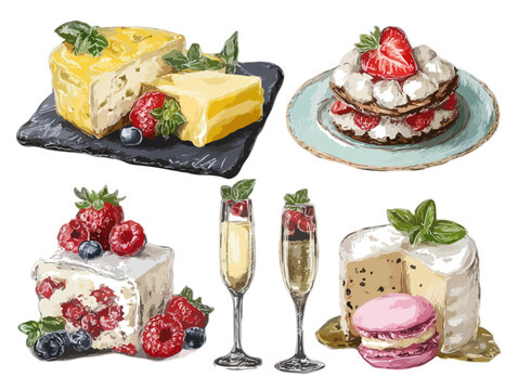 Variedad de postres gourmet, quesos, fresas y copas de champ&aacute;n dibujados con fondo transparente.