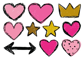 Colecci&oacute;n de iconos dibujados a mano: corazones rosas, estrellas doradas y corona sobre fondo transparente.