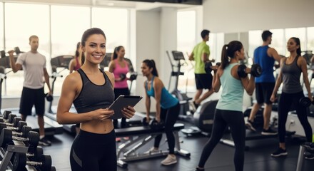 Fototapeta premium A woman in a gym with a tablet, surrounded by other gym-goers.