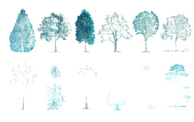 Colecci&oacute;n de siluetas y bocetos de &aacute;rboles en acuarela azul sobre fondo transparente para dise&ntilde;o
