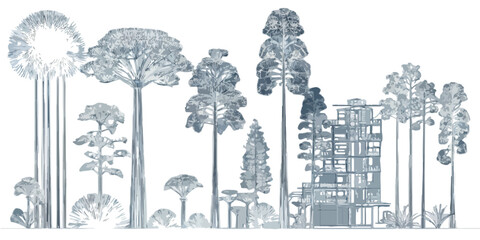 Ilustraci&oacute;n arquitect&oacute;nica de un edificio moderno integrado en la exuberante vegetaci&oacute;n de un bosque tropical o selva.