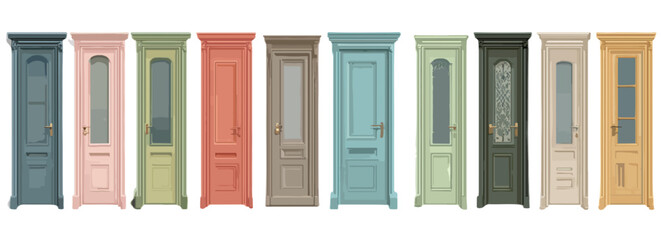 Colecci&oacute;n de puertas exteriores de estilo cl&aacute;sico en una variedad de colores pastel y tonos tierra sobre fondo blanco.