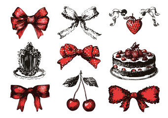 Colecci&oacute;n de ilustraciones dibujadas a mano de lazos rojos, cerezas y un pastel, ideales para dise&ntilde;o.