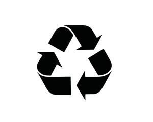 S&iacute;mbolo universal de reciclaje en negro, icono de flechas entrelazadas sobre fondo blanco transparente.