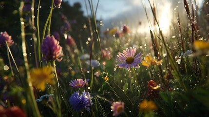 A Serene Meadow Awash in Morning Dew with Vibrant Wildflowers Illuminated by the Rising Sun's Golden Glow