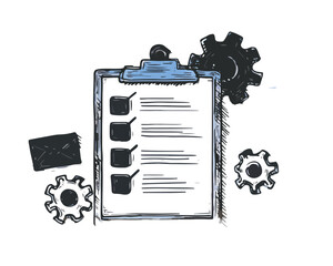 Portapapeles con lista de verificaci&oacute;n y engranajes dibujados a mano, concepto de gesti&oacute;n y proceso sobre fondo blanco.
