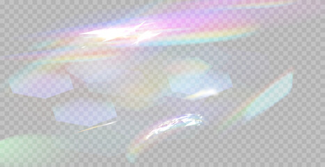 Rainbow reflection light prism effect on light gray background. Hologram glass dispersion, crystal flare leak shadow overlay.