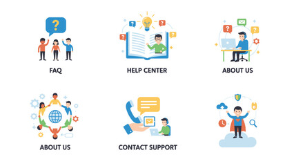 Fototapeta premium Collection of six flat design icons representing customer support and business services.